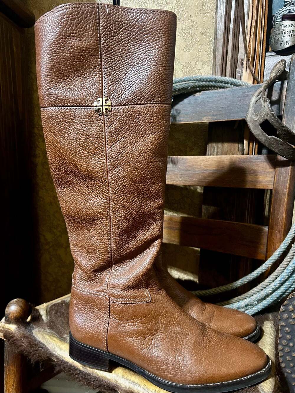 Tory Burch Jolie Pebbled Leather Riding Boots Rustic Brown Size 8M
